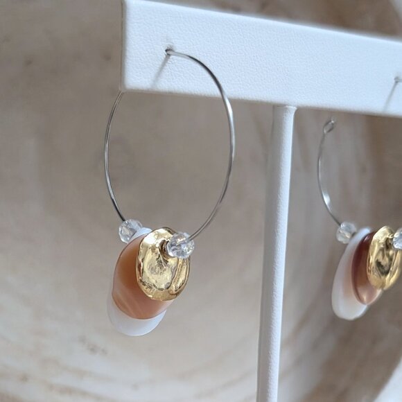 Gold Disc Coin and Shell Layered Steel Hoop Handmade Earrings - Picture 4 of 10